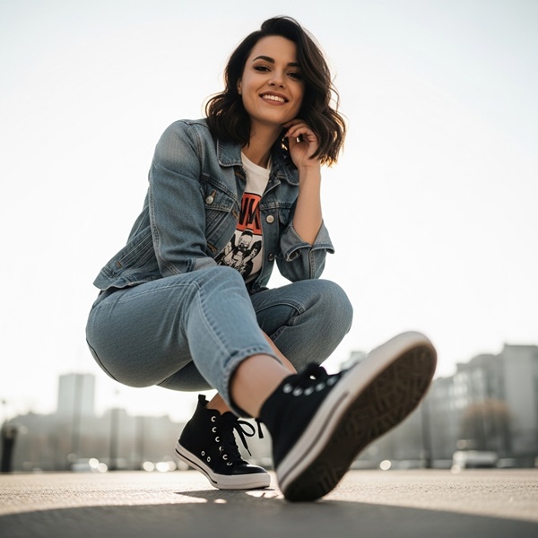 Look casual urbano con tenis negros y jeans rectos