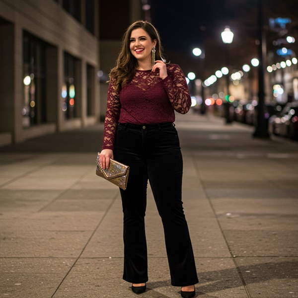Para un look nocturno, usa pantalones flare de terciopelo