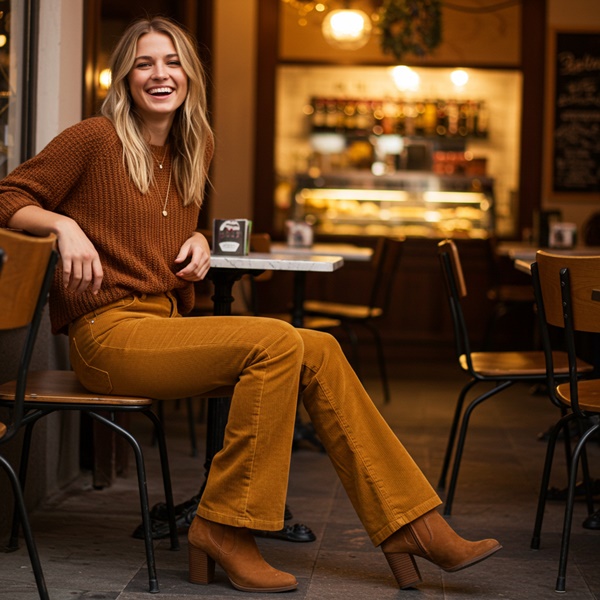 Look bohemio con pantalones flare y suéter de punto
