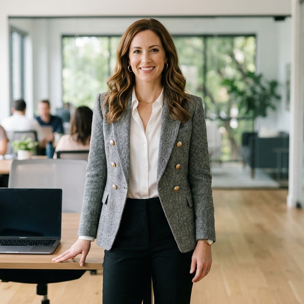 look de oficina con blazer de tweed gris y pantalón negro elegante
