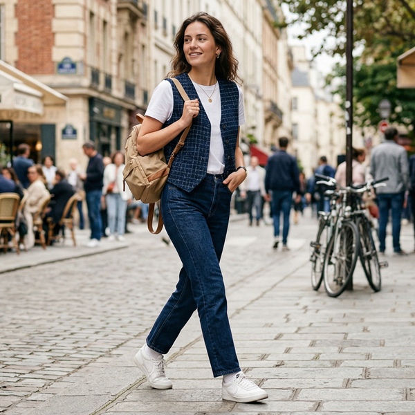 look preppy con chaleco de tweed azul y jeans rectos