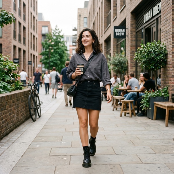 Mujer usando minifalda con camisa oversized y botas