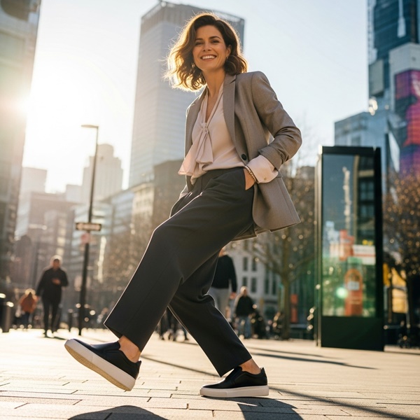 Look de oficina casual con tenis negros minimalistas