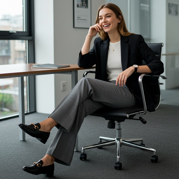 Pantalones flare de lana con un blazer para un look ejecutivo