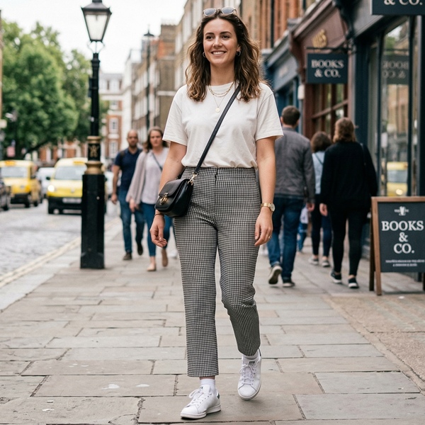 pantalón de pata de gallo combinado en look casual chic