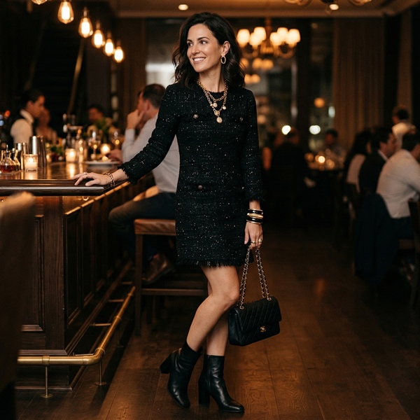 vestido corto de tweed negro con botines para look de noche