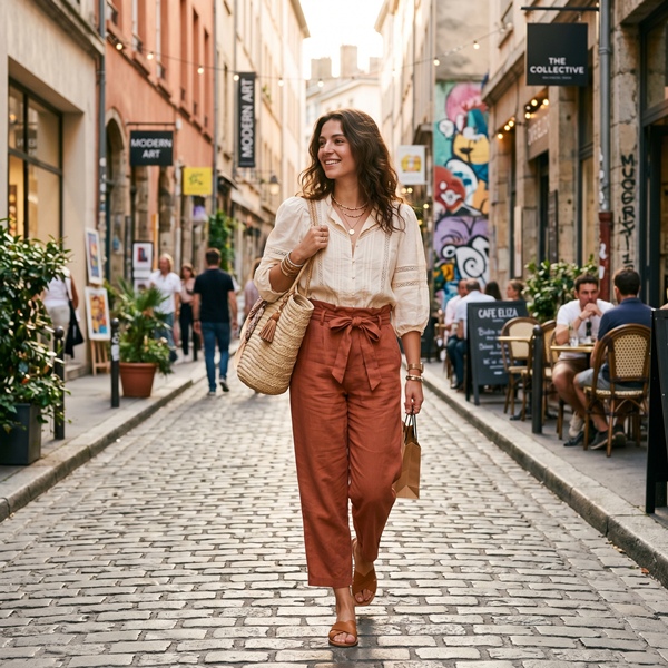 Outfit boho moderno con pantalón de lino terracota y blusa romántica