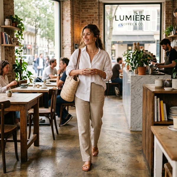 Look casual chic con pantalón de lino beige y camisa blanca oversize
