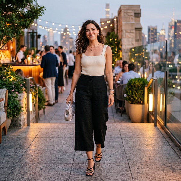 Look elegante de noche con pantalón de lino negro y body sofisticado