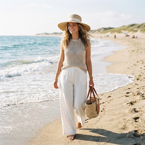Look relajado de playa con pantalón de lino blanco y accesorios de rafia