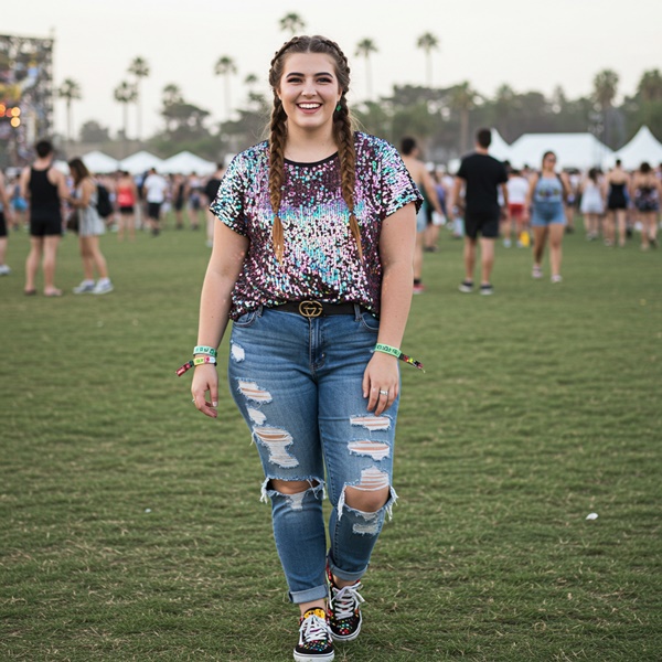 Look Y2K estilo popstar con top de lentejuelas y jeans rotos