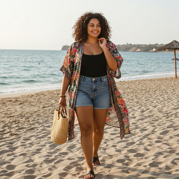 Para un look boho, tus shorts de mezclilla y un kimono