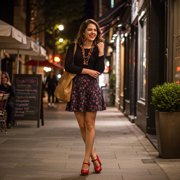 Vestido corto y zapatos Mary Jane para un look de noche