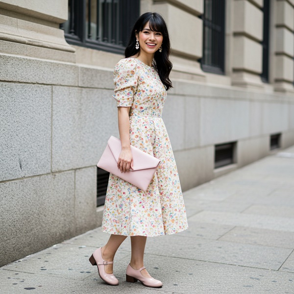 look casual con zapatos Mary Jane y  vestido midi
