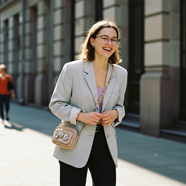 Estilo Y2K para oficina con blazer pastel y bolso mini