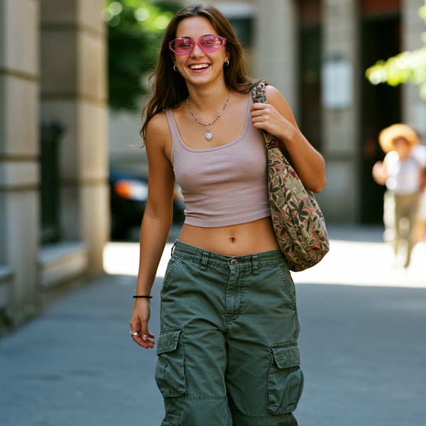 Look Y2K con pantalón cargo y bolso baguette para el día a día