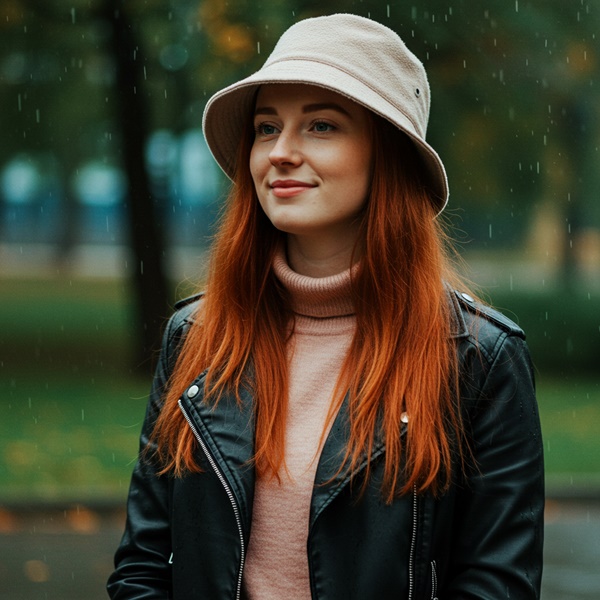 Mujer con gorro impermeable que protege el peinado del clima