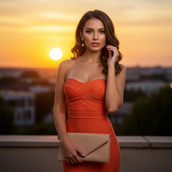 Vestido bandage strapless en tono naranja mango para graduación