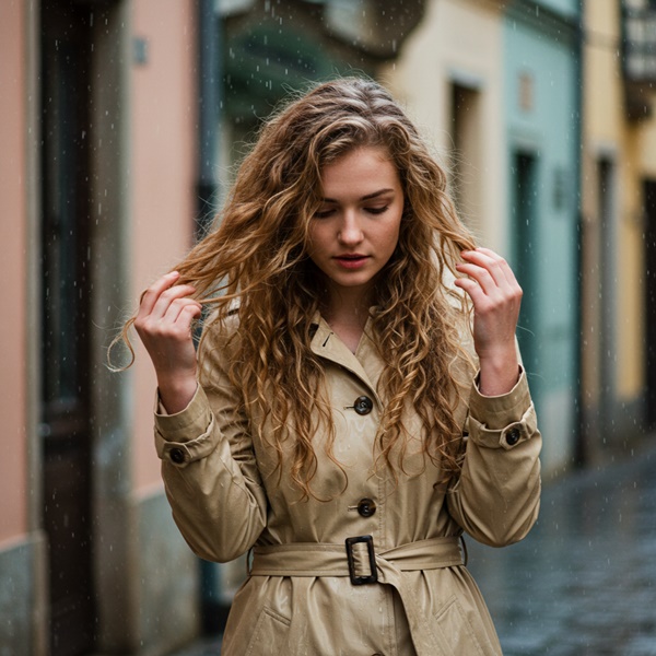 Mujer tocando su cabello en clima húmedo