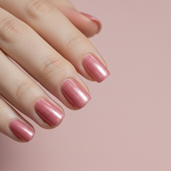 Manicura rosada con efecto glazed y acabado perlado