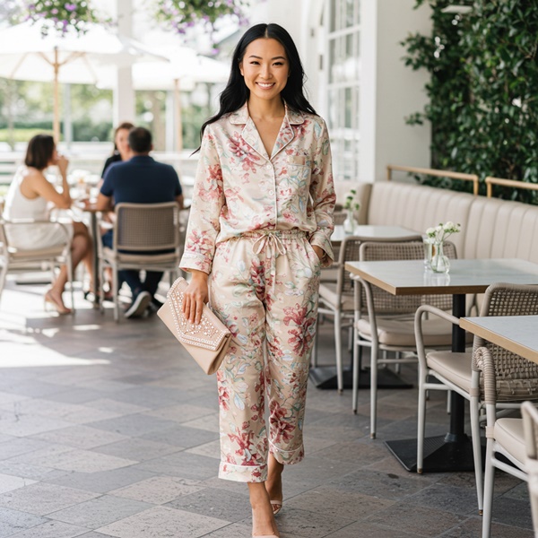 Pijama dressing con set estampado, clutch y tacones para brunch o coctel
