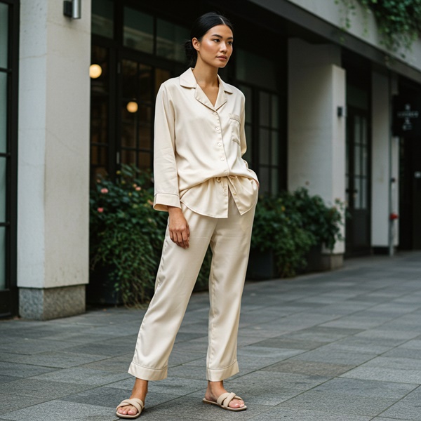 Look pijama dressing con conjunto de satén neutro y sandalias minimalistas