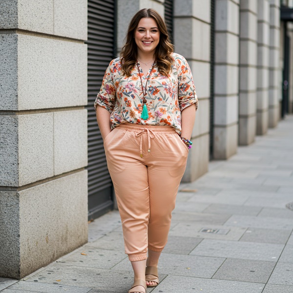Look boho con jogger de satén durazno y blusa floral