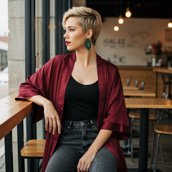 Bata tipo kimono sobre jeans rectos, look cómodo y sofisticado