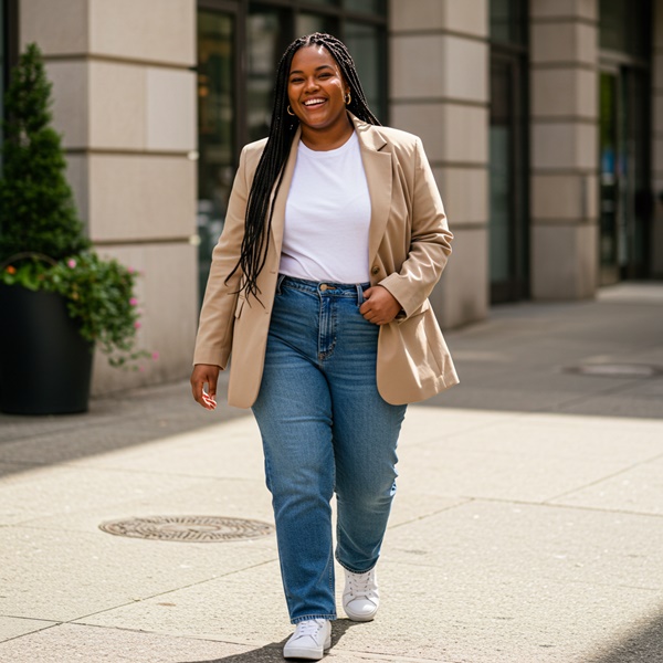 Outfit casual con jeans rectos, camiseta blanca y blazer abierto con tenis blancos