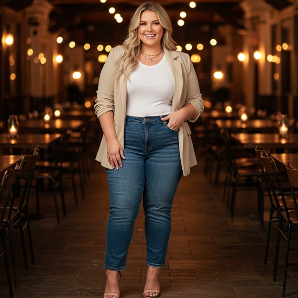 Look para cena con blazer cerrado como top y sandalias de tacón