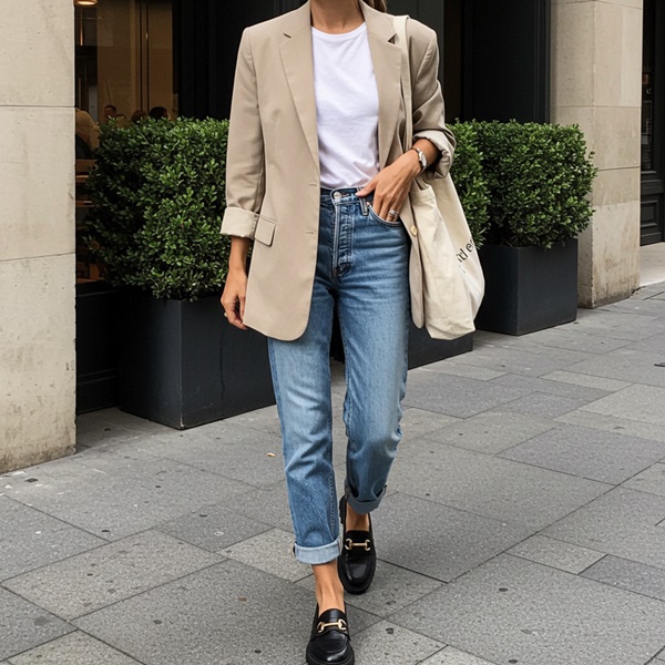 Outfit cómodo con jeans rectos, blazer remangado y loafers chunky