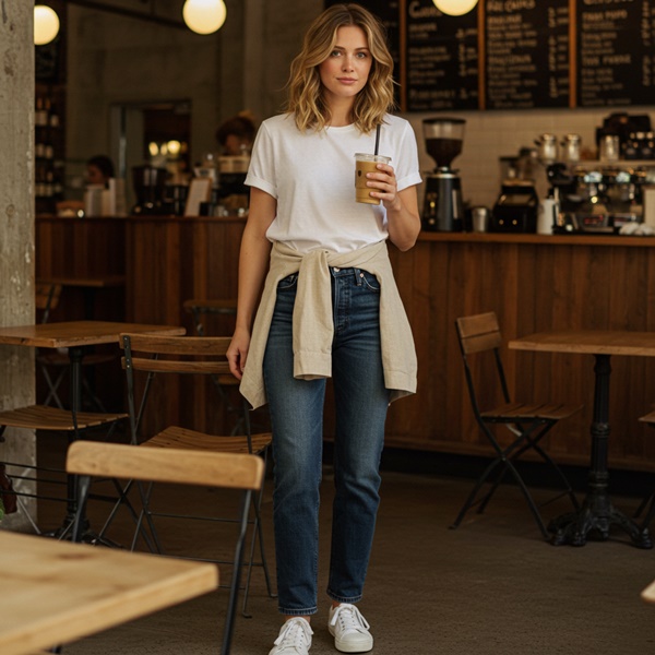 Look relajado con blazer atado a la cintura, camiseta blanca y sandalias