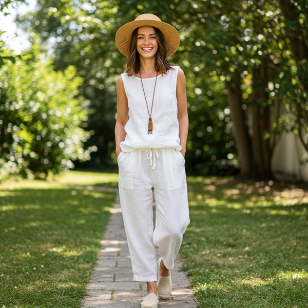 Outfit blanco de lino con sombrero y alpargatas