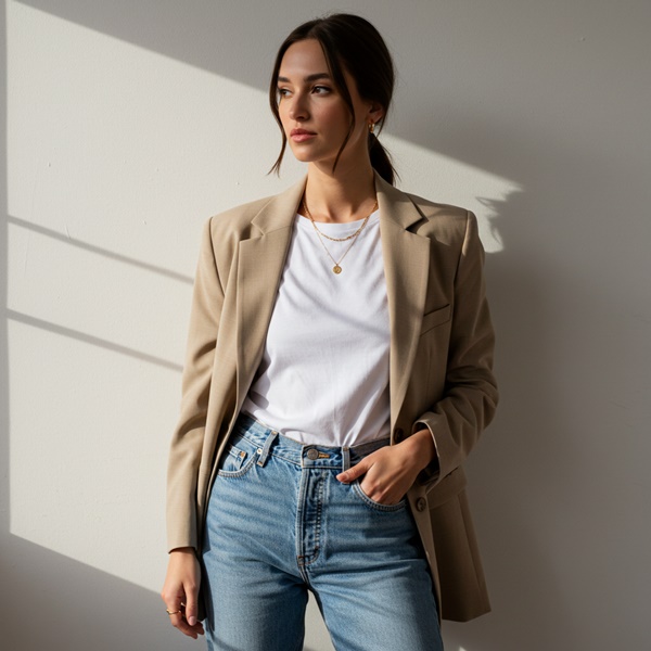 Outfit blanco monocromático con blazer claro y sandalias minimalistas