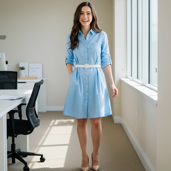 Outfit de oficina veraniego en azul cielo con vestido camisero