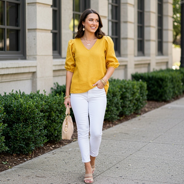 Look veraniego con blusa amarillo mango y jeans blancos