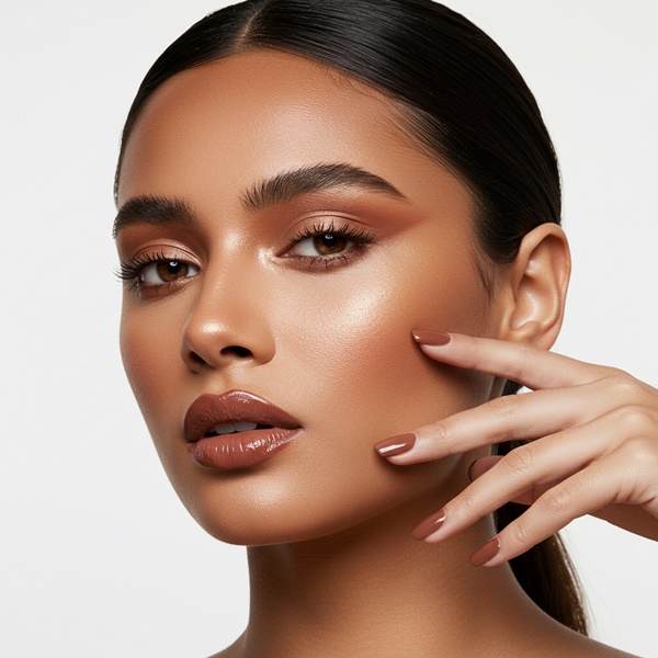 Maquillaje con labios glossy y uñas en tono chocolate para verano