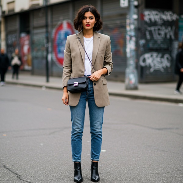 Outfit con botines negros, blazer oscuro y labial rojo intenso