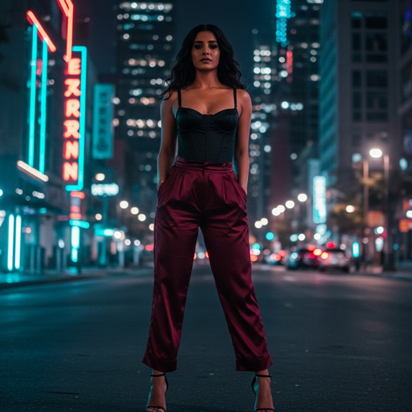 Outfit con pantalón tipo pijama y top estructurado ideal para noche casual