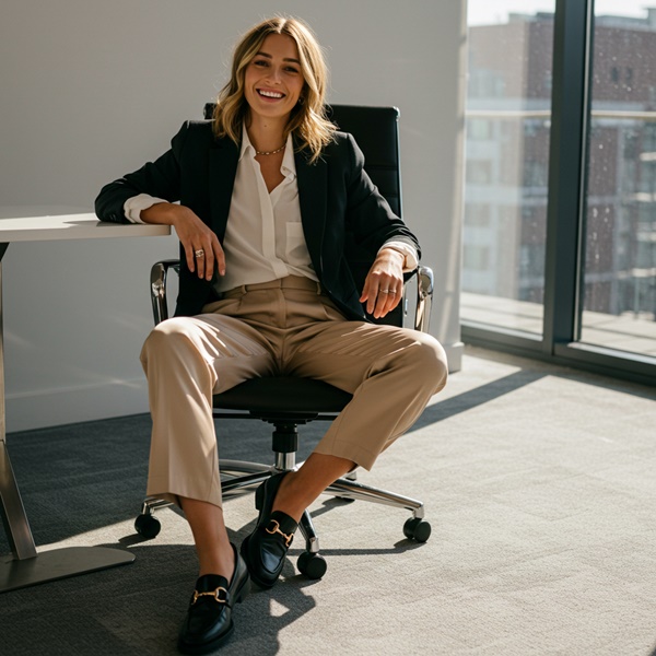 Outfit de oficina con pantalón de satén beige y blazer negro