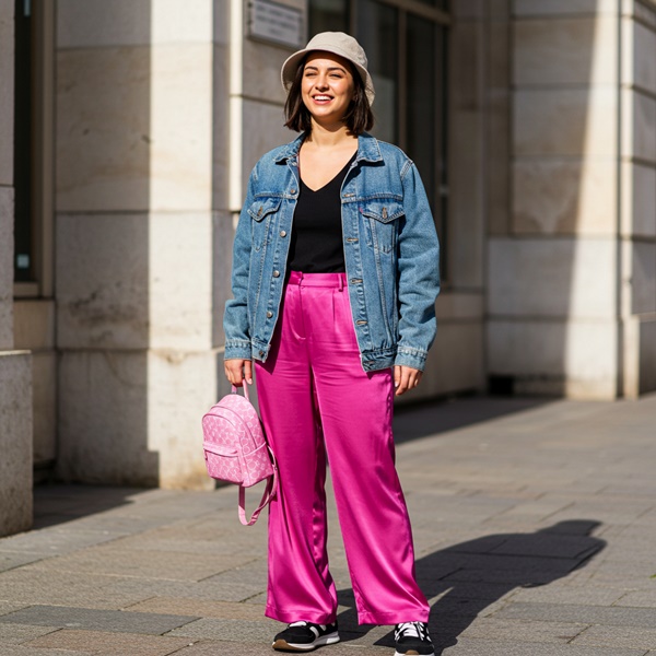 Look urbano con pantalón de satén fucsia y chamarra de mezclilla