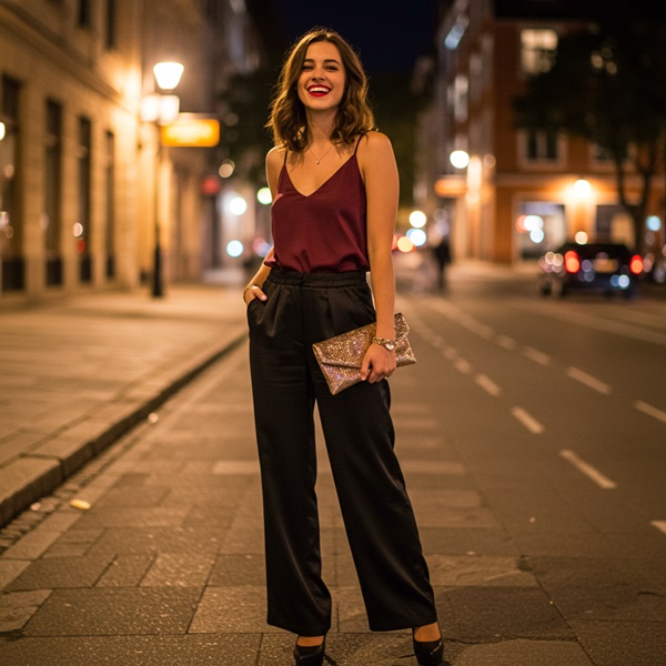 Look de noche con pantalón de satén negro y top vino