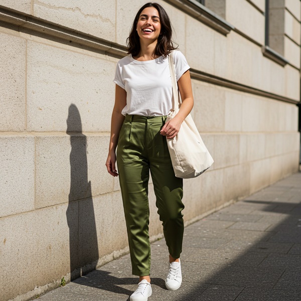 Look casual con pantalón de satén verde y camiseta blanca para el día
