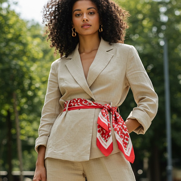Mujer usando traje de lino beige con pañuelo colorido en la cintura