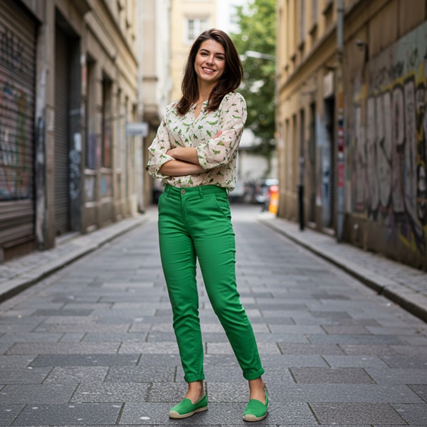 Look casual con pantalón verde y blusa de estampado floral