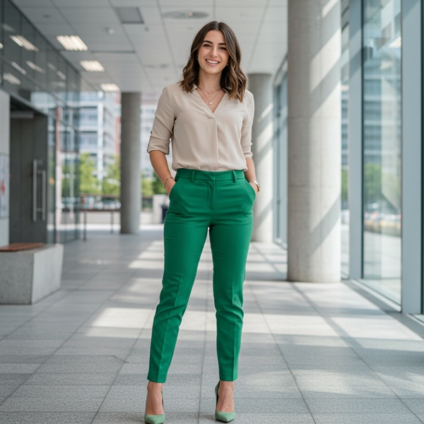 Pantalón verde intenso con blusa beige sofisticada