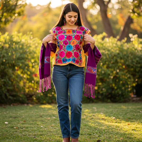Blusa mexicana bordada con jeans para look casual
