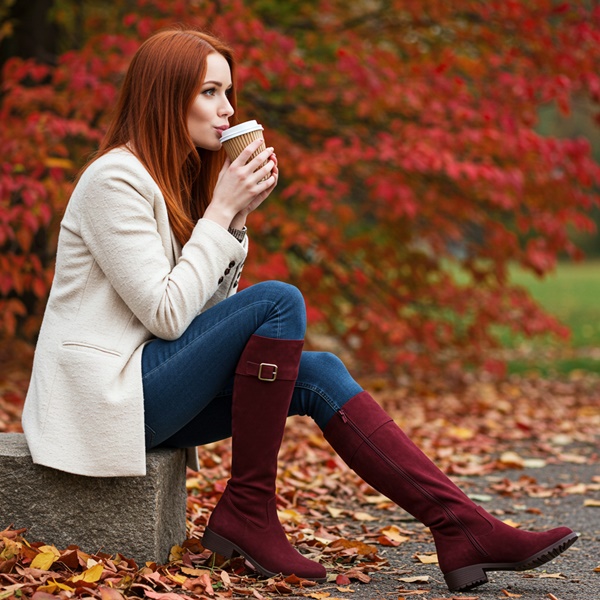 Botas color burdeos con jeans y abrigo 