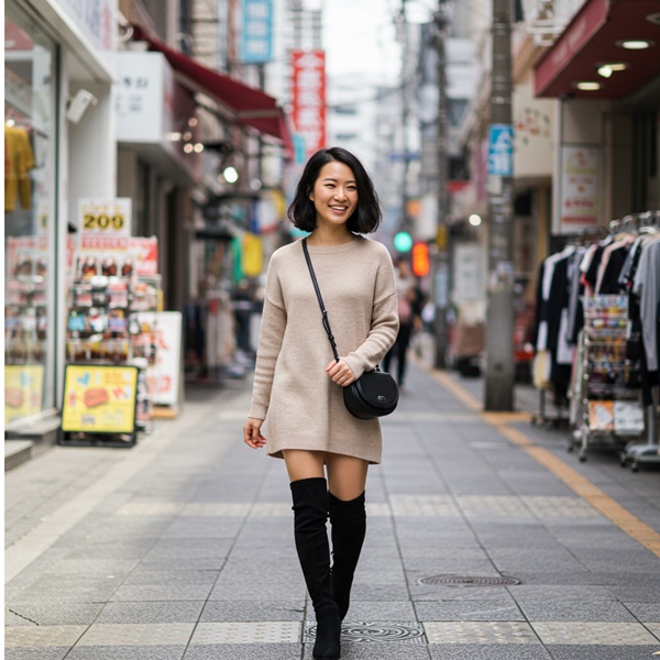 Botas over-knee negras con vestido corto