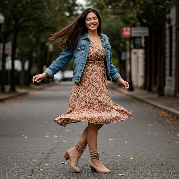 Botas slouchy con vestido boho largo
